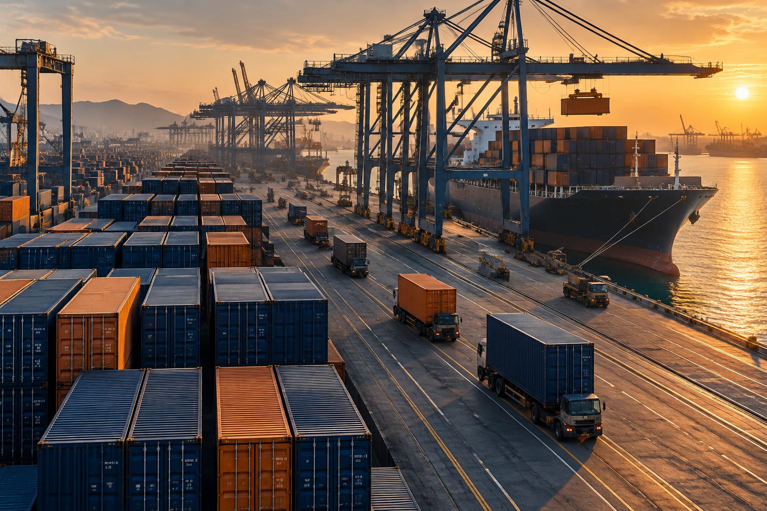 Container ship being loaded at a busy port at sunset